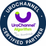 Ein rundes Logo mit dunkelblauer Umrandung und weißem Text: "UroChannel Certified Partner". Im Inneren befindet sich ein lilafarbenes Symbol und der Text "UroChannel Algorithm by Dr. Buntrock" in Lila und Grün.